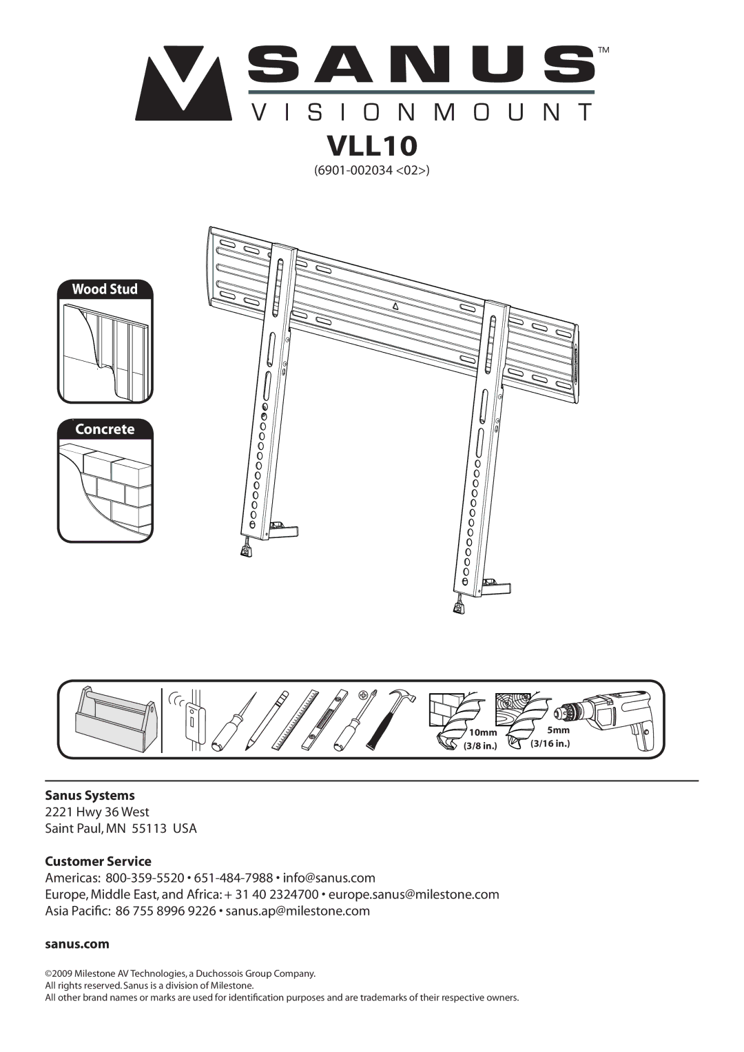 Sanus Systems VLL10 manual 10mm 5mm 