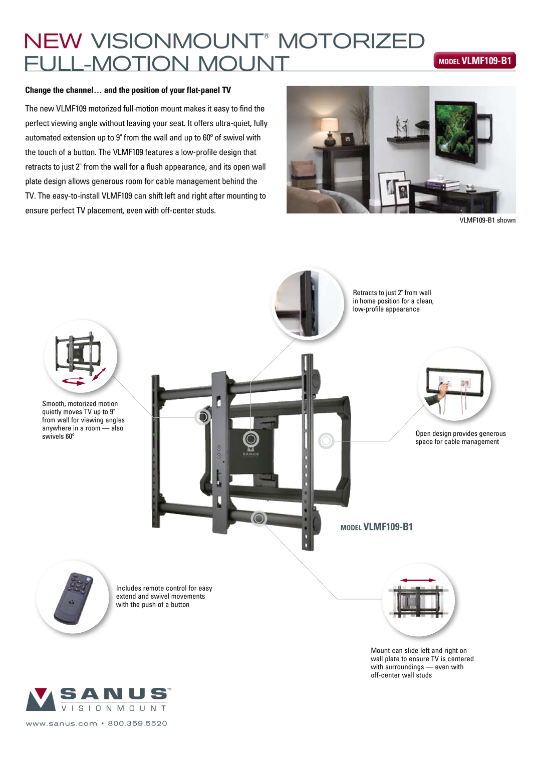 Sanus Systems manual NEW Visionmount Motorized Full-Motion Mount, Model VLmF109-B1, Model VLMF109-B1 