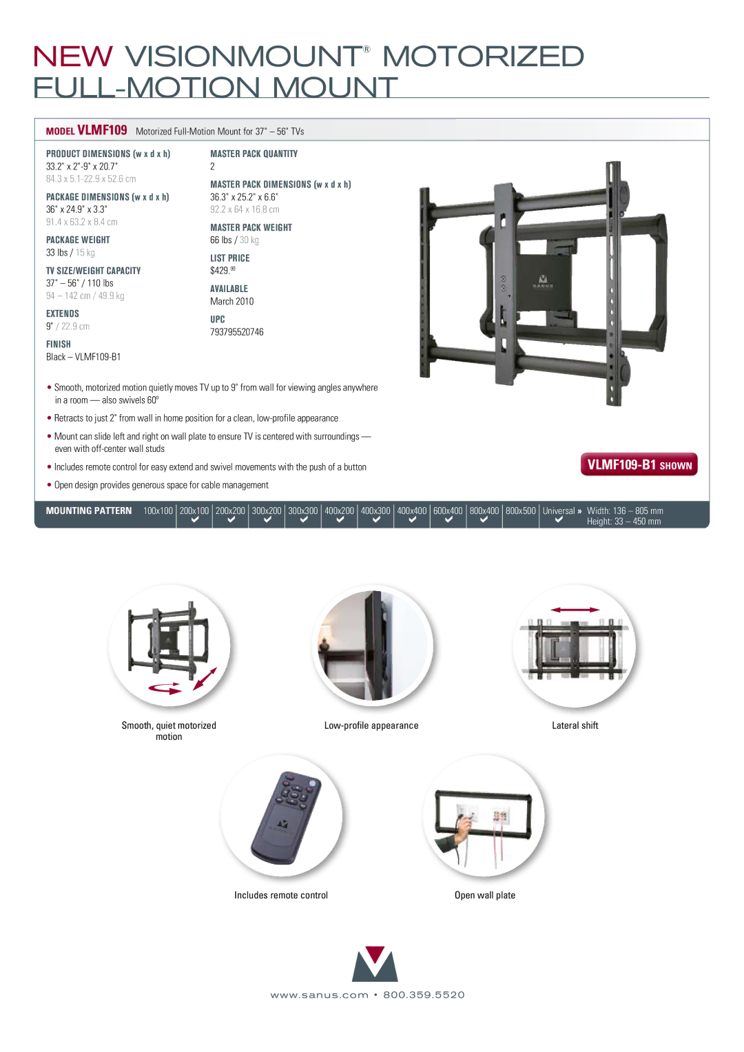 Sanus Systems VLMF109-B1 manual Vlmf109-B1 shown, Package Weight, Master Pack Weight 