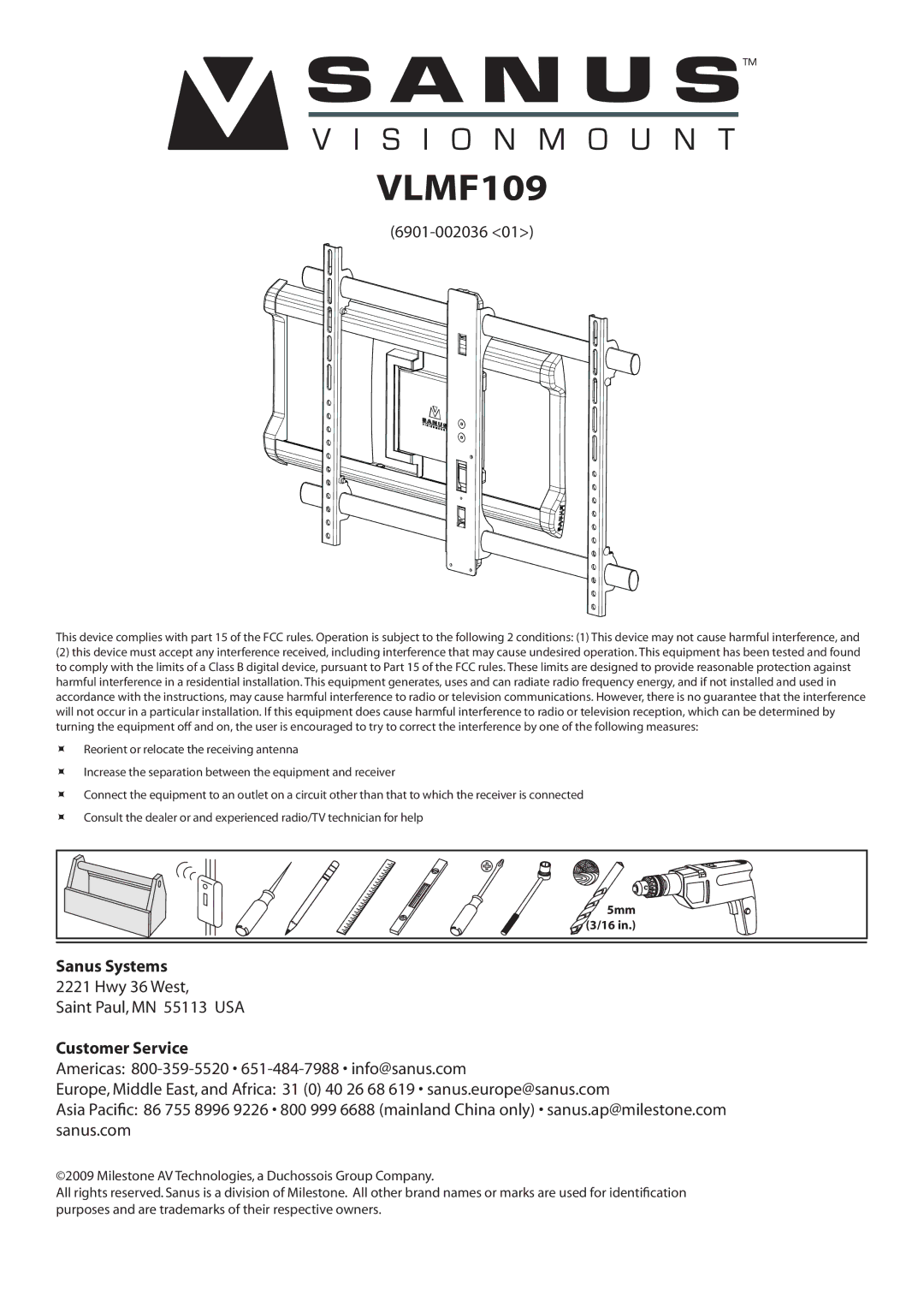 Sanus Systems VLMF109 manual 5mm 