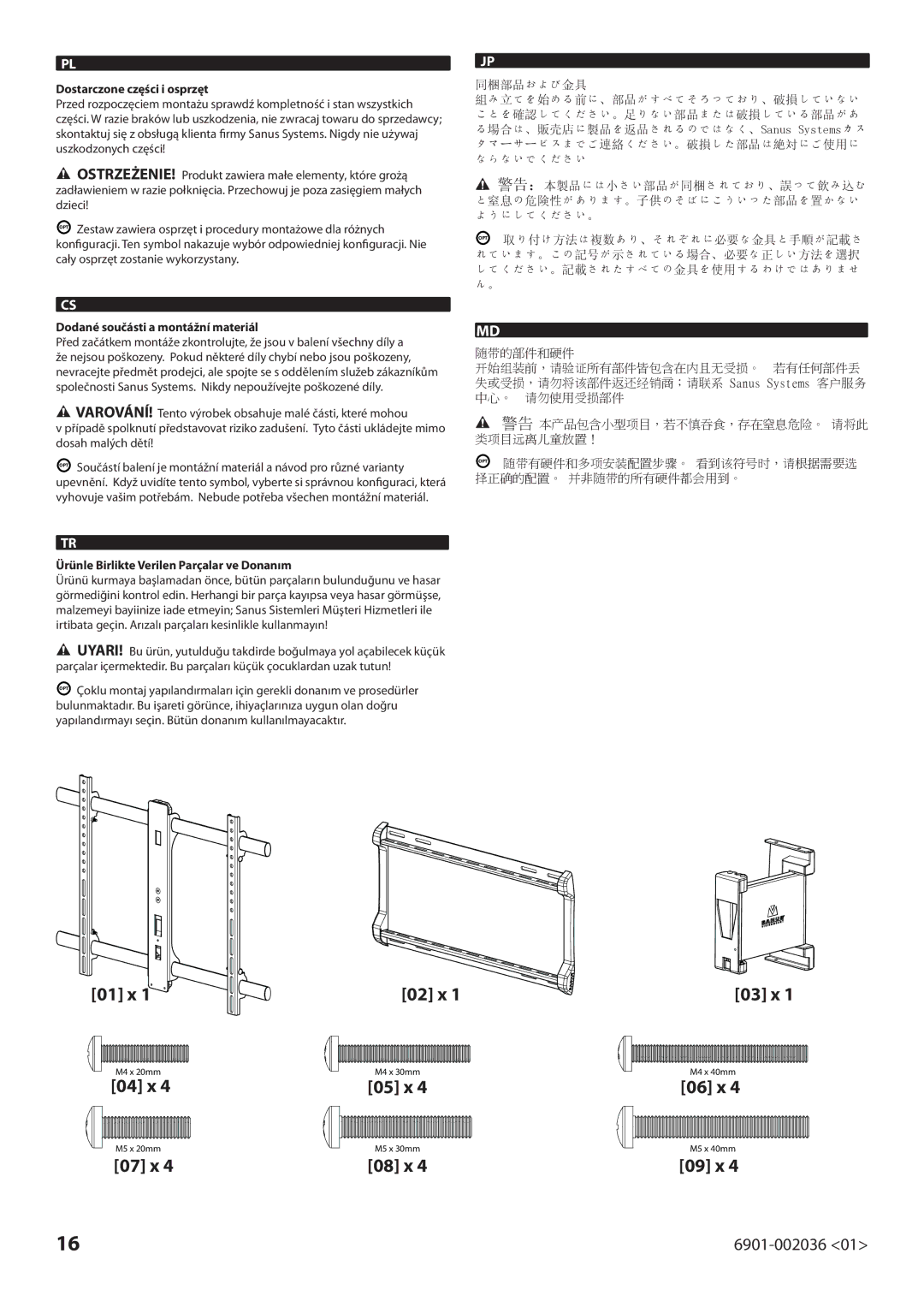 Sanus Systems VLMF109 manual Dostarczone części i osprzęt, Dodané součásti a montážní materiál, 同梱部品および金具 