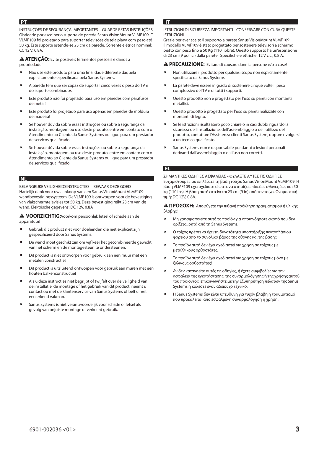 Sanus Systems VLMF109 manual 6901-002036 