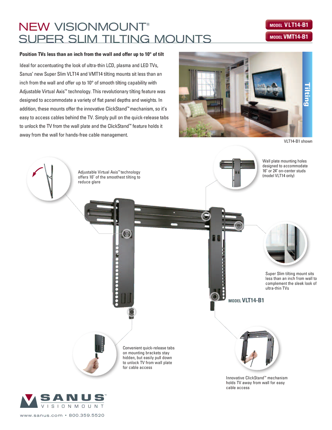 Sanus Systems VMT14-B1 manual NEW Visionmount Super Slim Tilting Mounts, Model VLT14-B1 Model VMt14-B1 