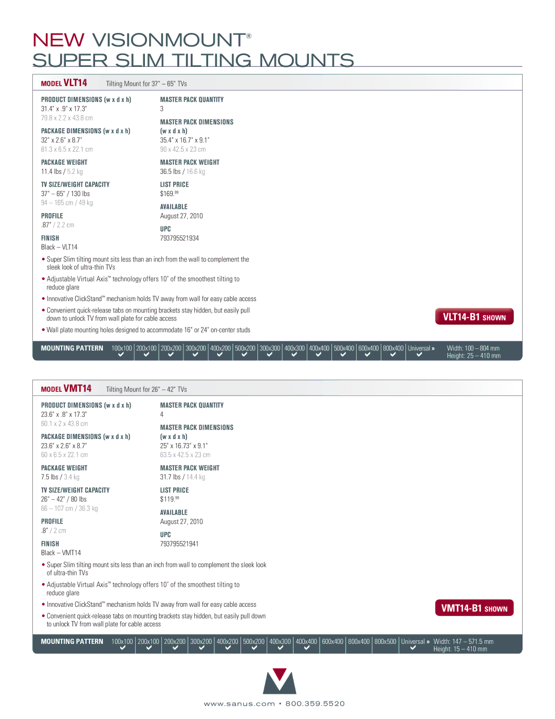 Sanus Systems manual VLT14-B1 shown, VMT14-B1 shown 