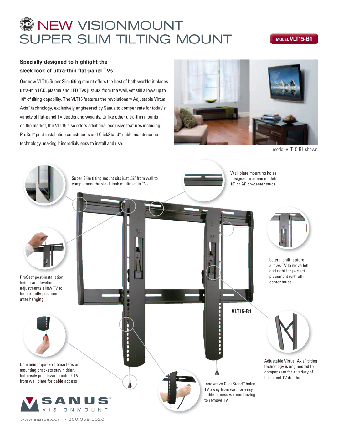 Sanus Systems manual NEW Visionmount Super Slim Tilting Mount, Model VLT15-B1 shown 