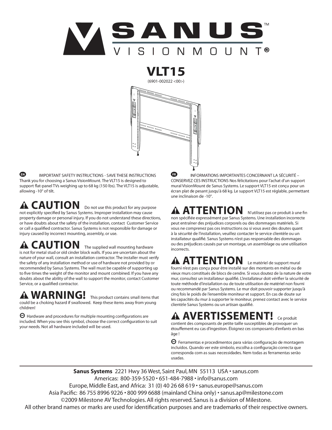 Sanus Systems VLT15 important safety instructions 