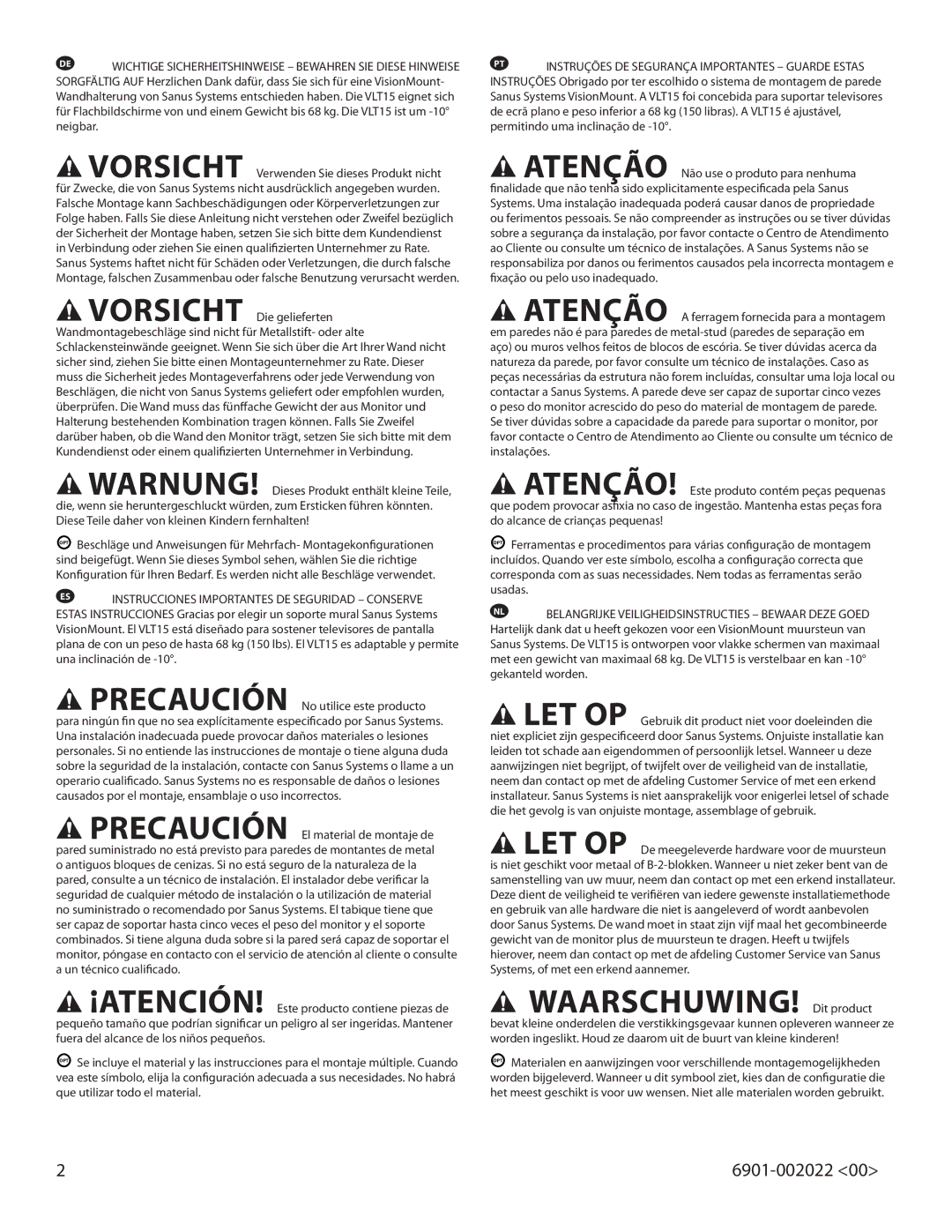 Sanus Systems VLT15 important safety instructions WAARSCHUWING! Dit product 