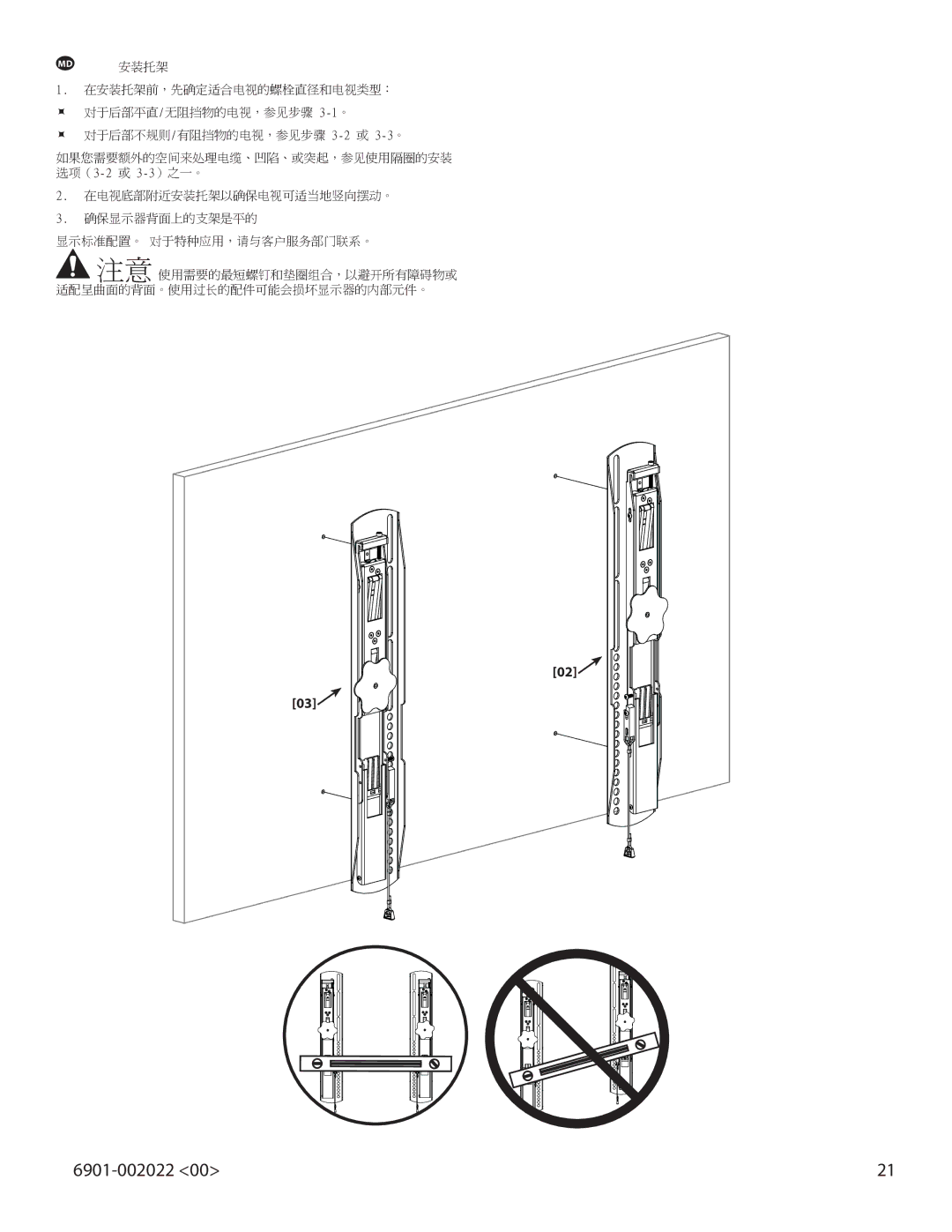 Sanus Systems VLT15 important safety instructions 如果您需要额外的空间来处理电缆、凹陷、或突起，参见使用隔圈的安装 选项（3-2或 3-3）之一。 