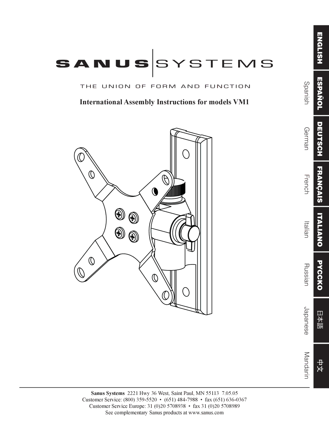 Sanus Systems manual International Assembly Instructions for models VM1 