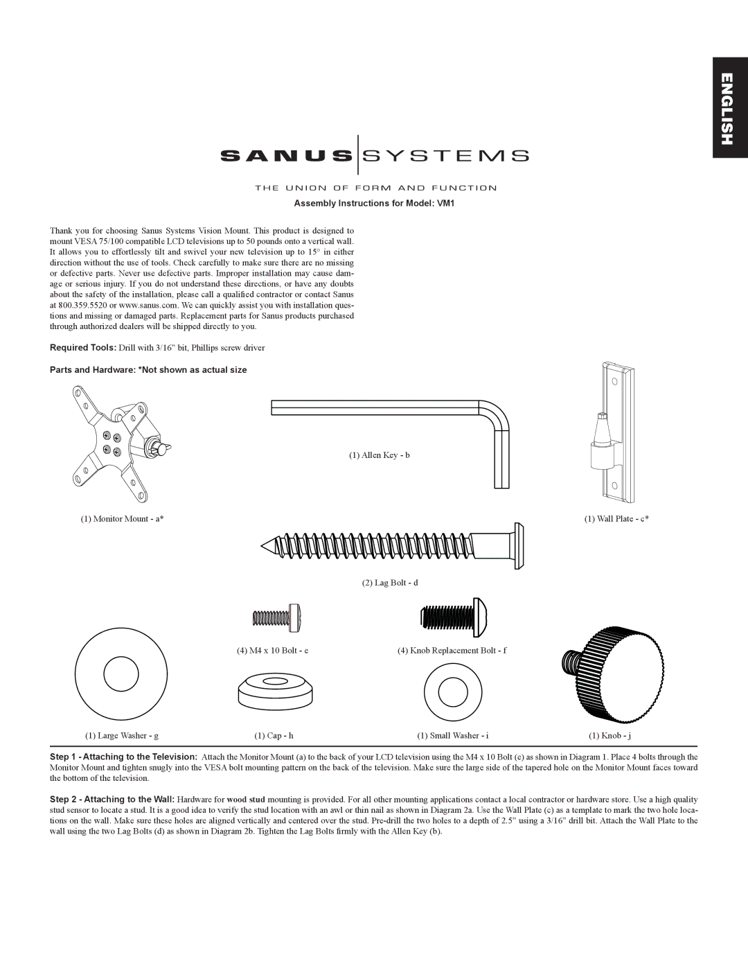 Sanus Systems manual Assembly Instructions for Model VM1, Parts and Hardware *Not shown as actual size 