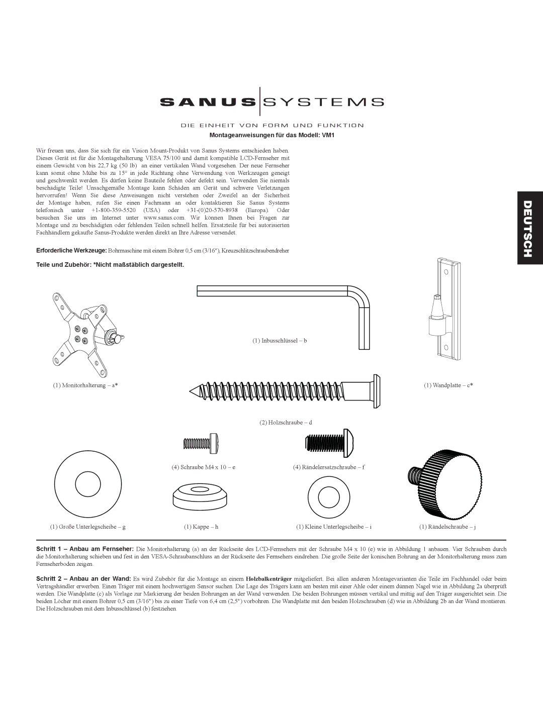 Sanus Systems manual Montageanweisungen für das Modell VM1, Teile und Zubehör *Nicht maßstäblich dargestellt 