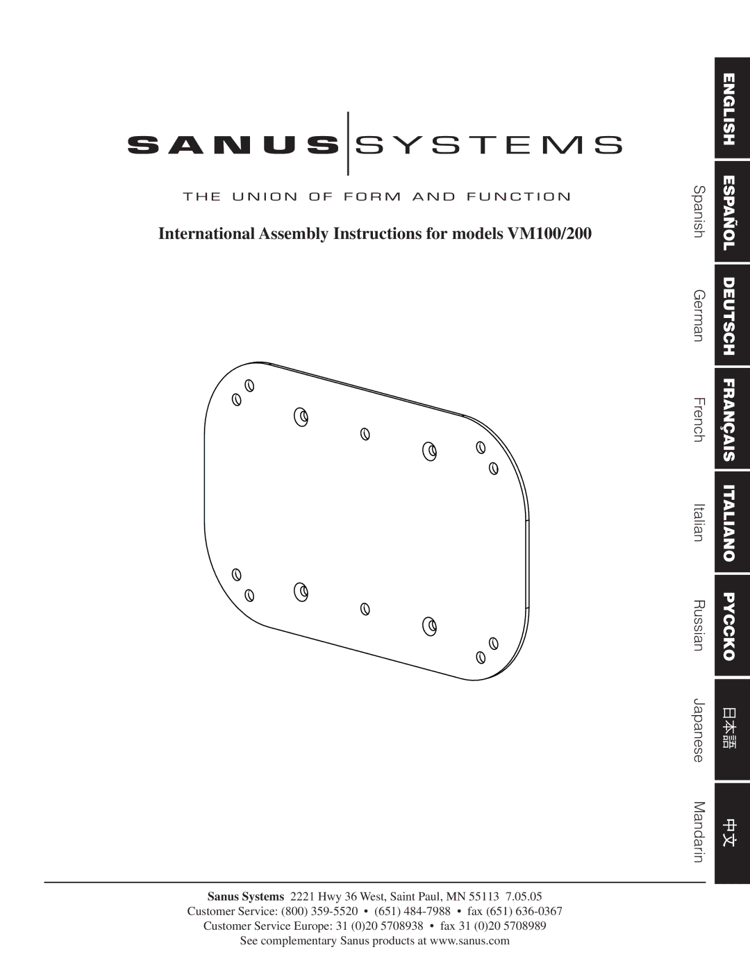 Sanus Systems VM100 manual Spanish, German, French, Italian, Russian, Japanese Mandarin 