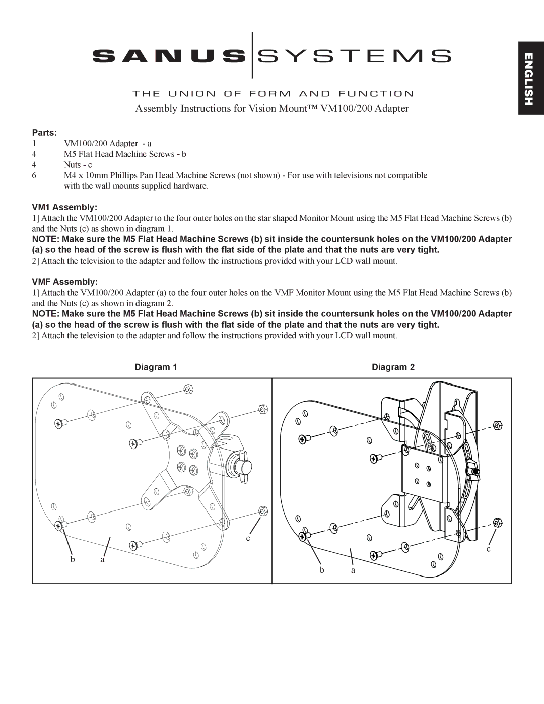 Sanus Systems VM100 manual Parts, VM1 Assembly, VMF Assembly, Diagram 