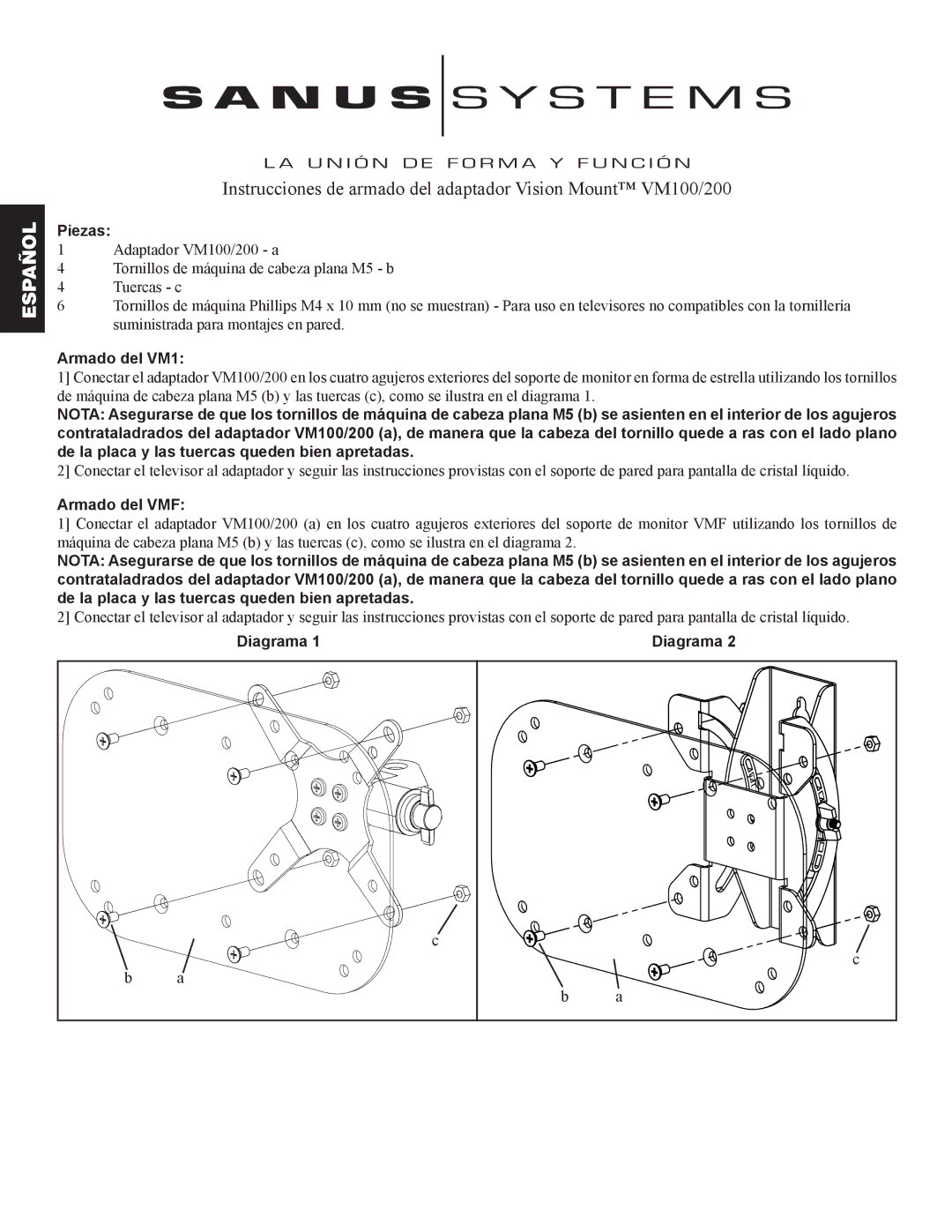 Sanus Systems VM100 manual Piezas, Armado del VM1, Armado del VMF, Diagrama 