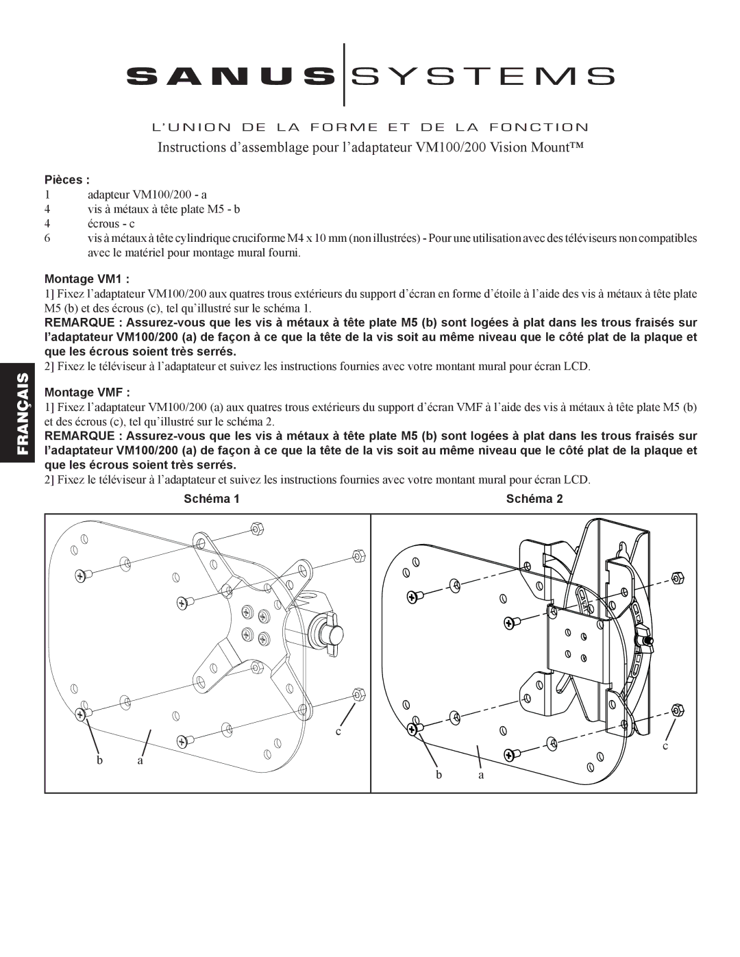 Sanus Systems VM100 manual Pièces, Montage VM1, Montage VMF, Schéma 