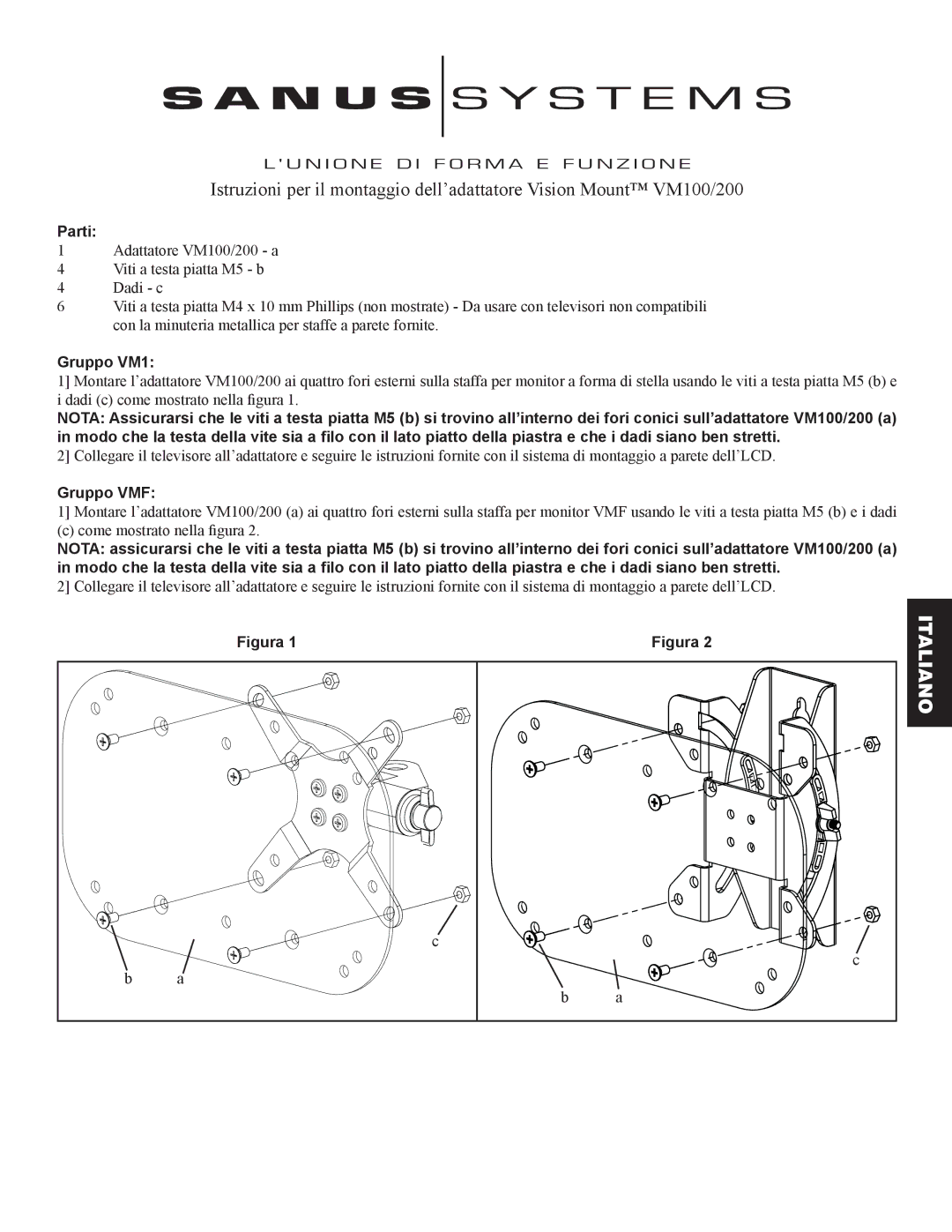 Sanus Systems VM100 manual Parti, Gruppo VM1, Gruppo VMF 
