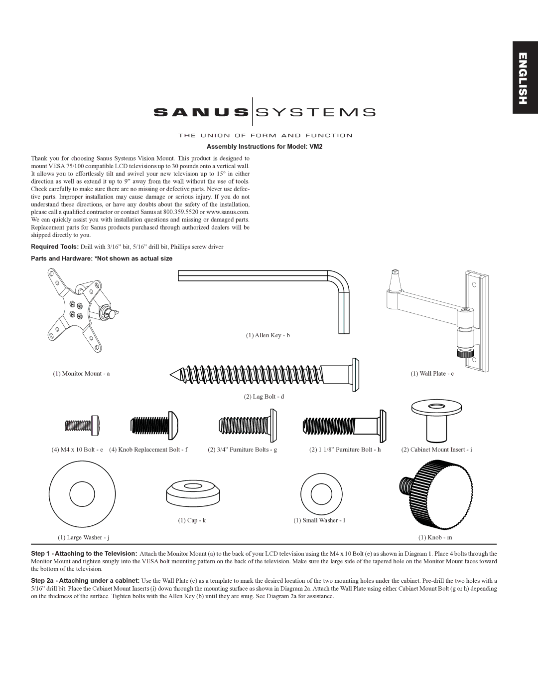 Sanus Systems manual Assembly Instructions for Model VM2, Parts and Hardware *Not shown as actual size 