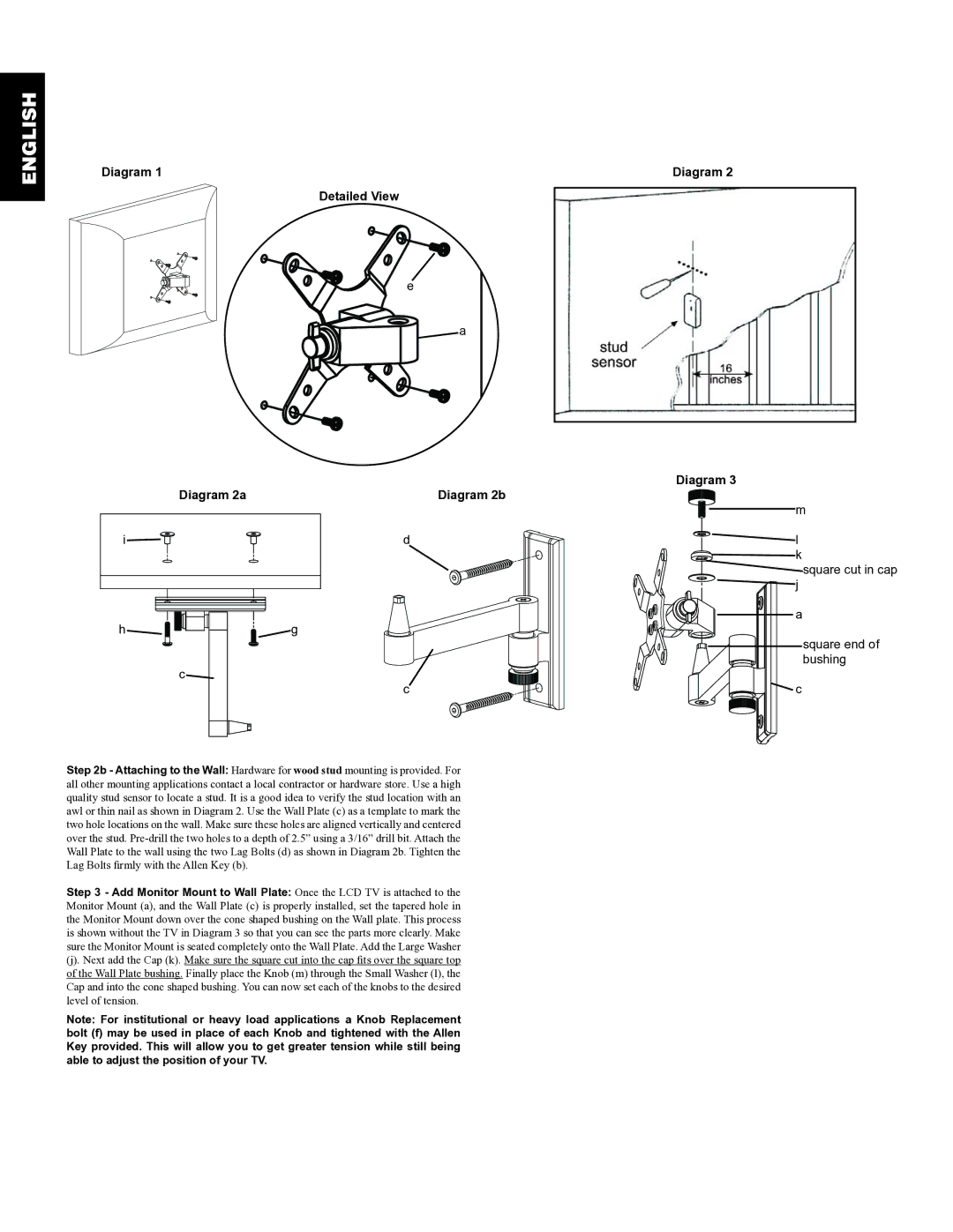 Sanus Systems VM2 manual Detailed View Diagram 2a, Square cut in cap j Square end of bushing, Diagram 2b 