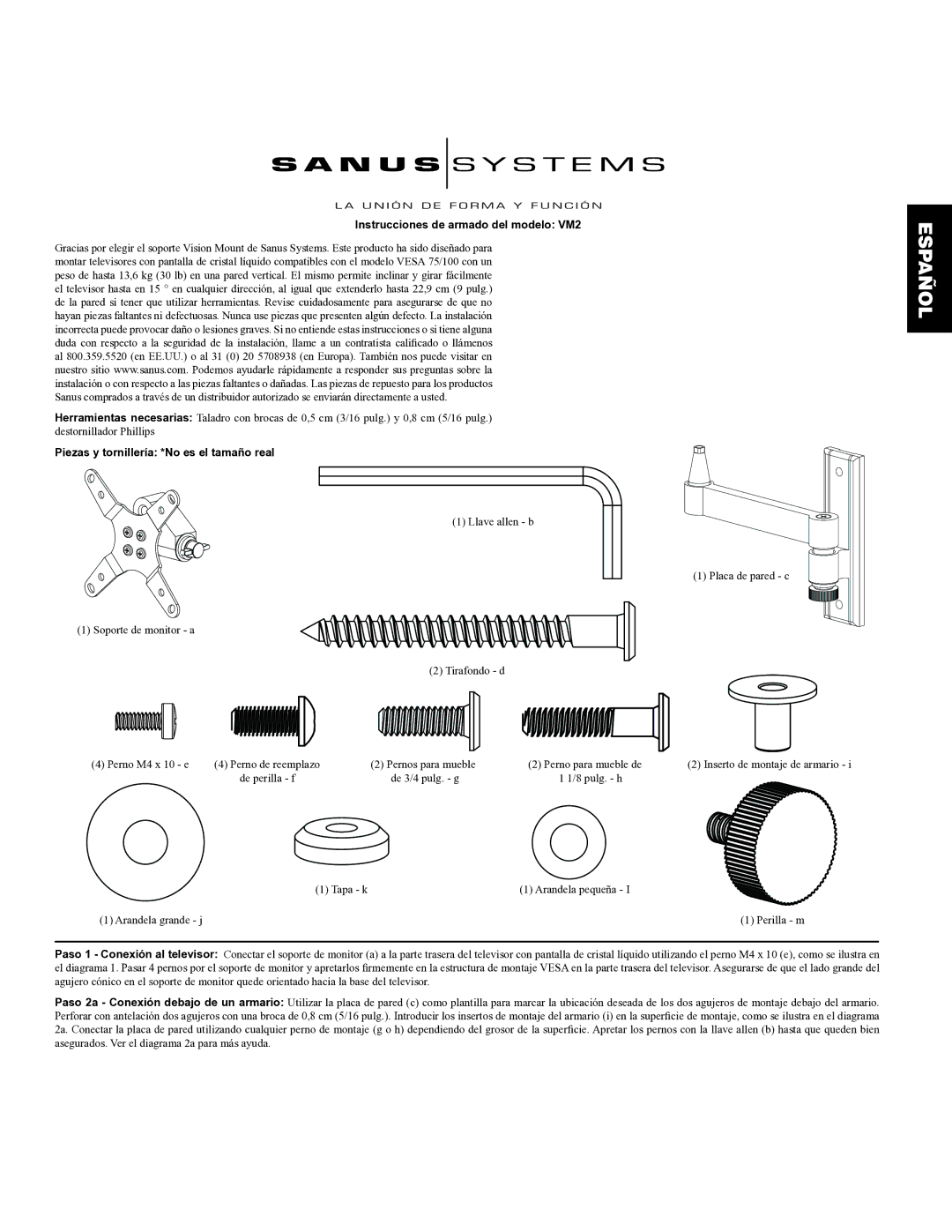 Sanus Systems manual Instrucciones de armado del modelo VM2, Piezas y tornillería *No es el tamaño real 