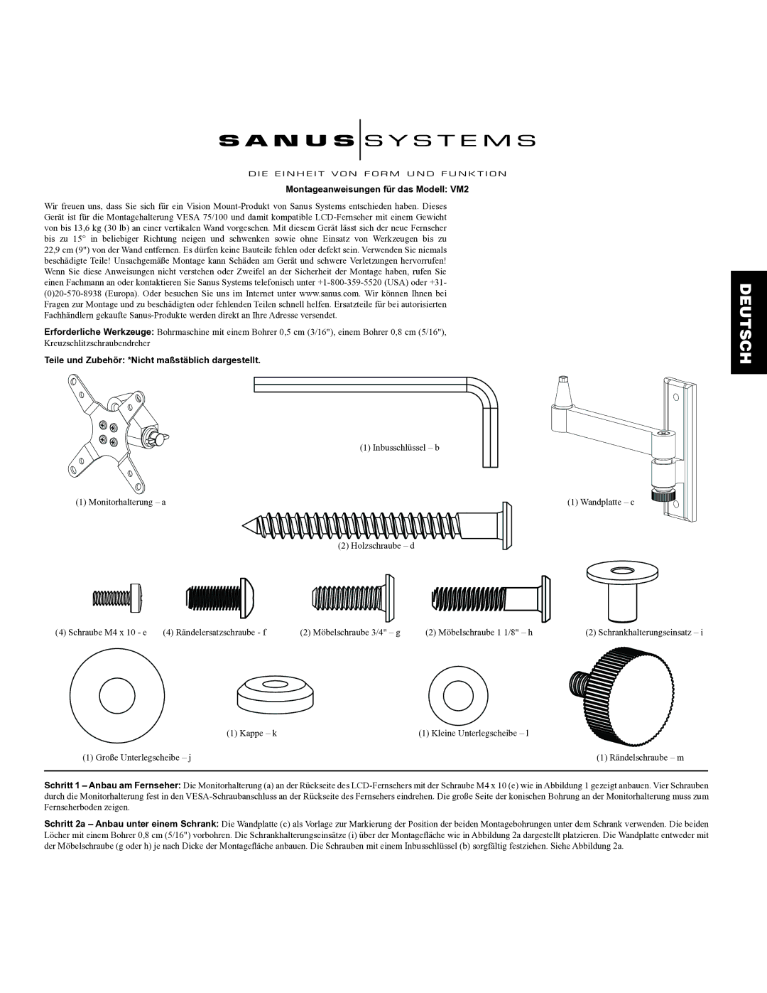 Sanus Systems manual Montageanweisungen für das Modell VM2, Teile und Zubehör *Nicht maßstäblich dargestellt 