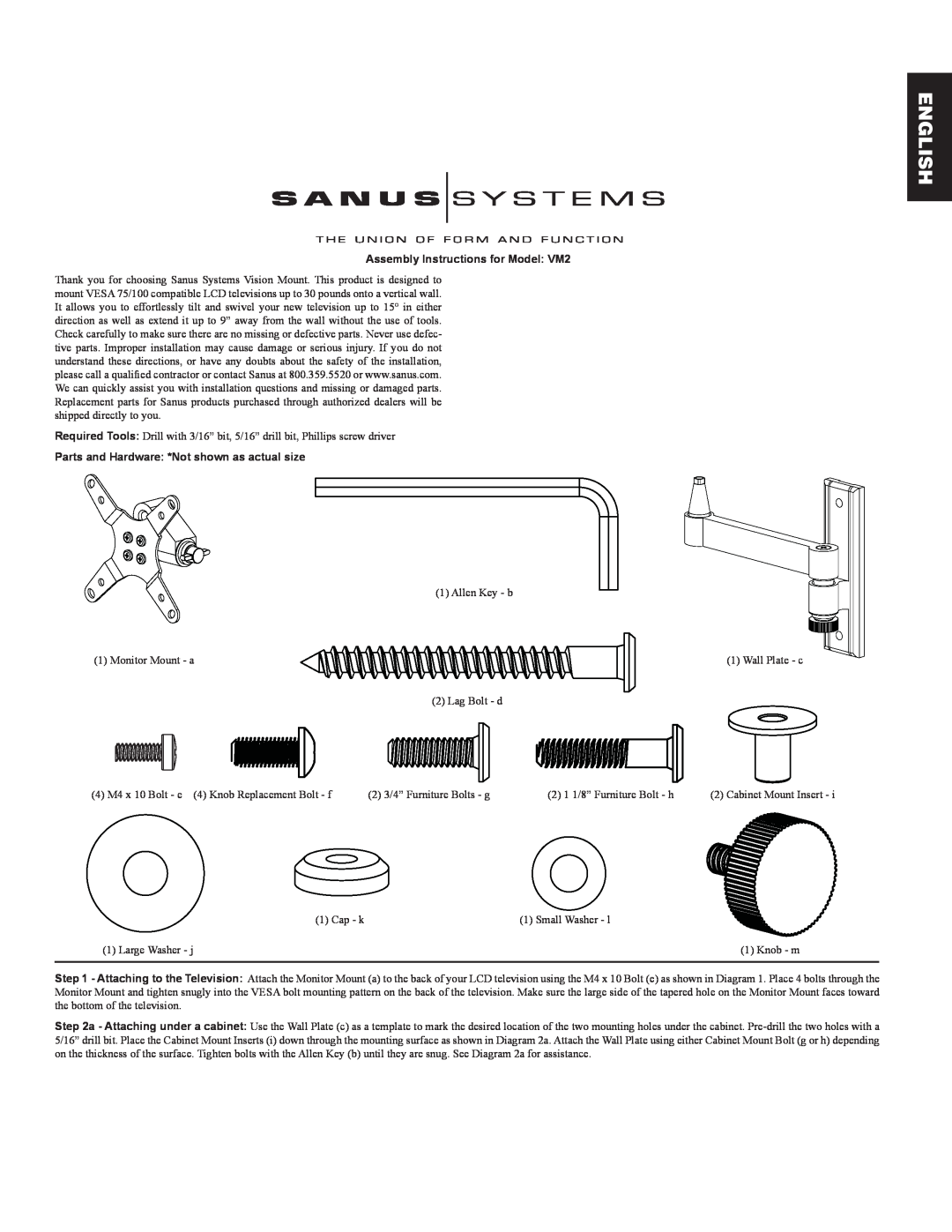 Sanus Systems manual English, Assembly Instructions for Model VM2, Parts and Hardware *Not shown as actual size 