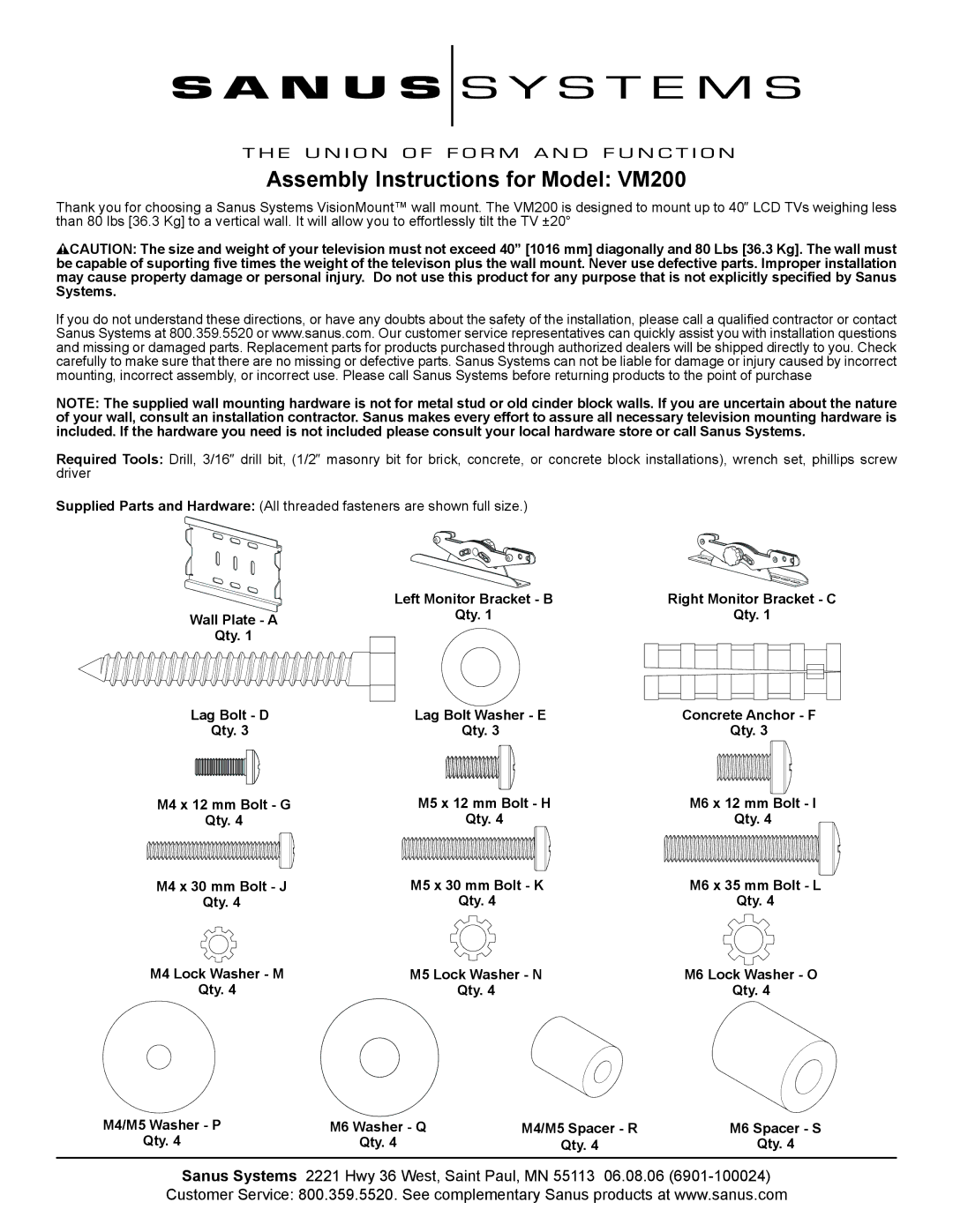 Sanus Systems manual Assembly Instructions for Model VM200, M4/M5 Spacer R 