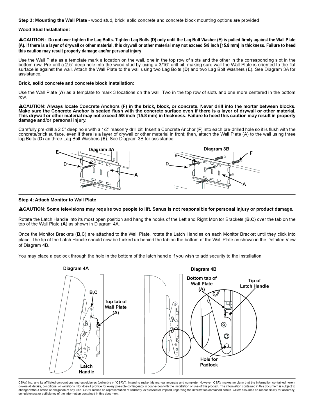 Sanus Systems VM200 Brick, solid concrete and concrete block installation, Diagram 4A Diagram 4B Bottom tab Tip, Top tab 