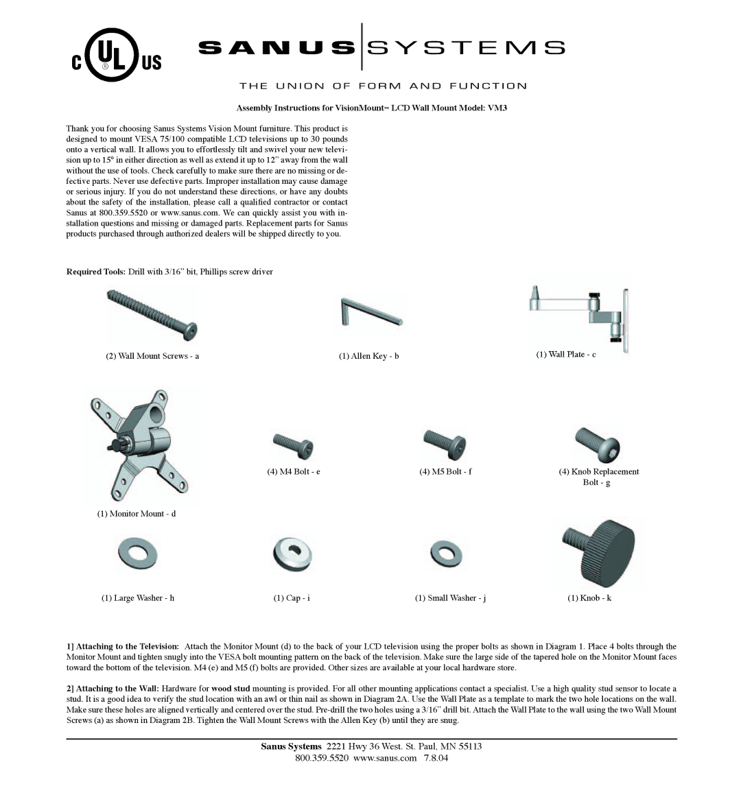 Sanus Systems VM3 manual Sanus Systems 2221 Hwy 36 West. St. Paul, MN, M4 Bolt e M5 Bolt f, Bolt g 