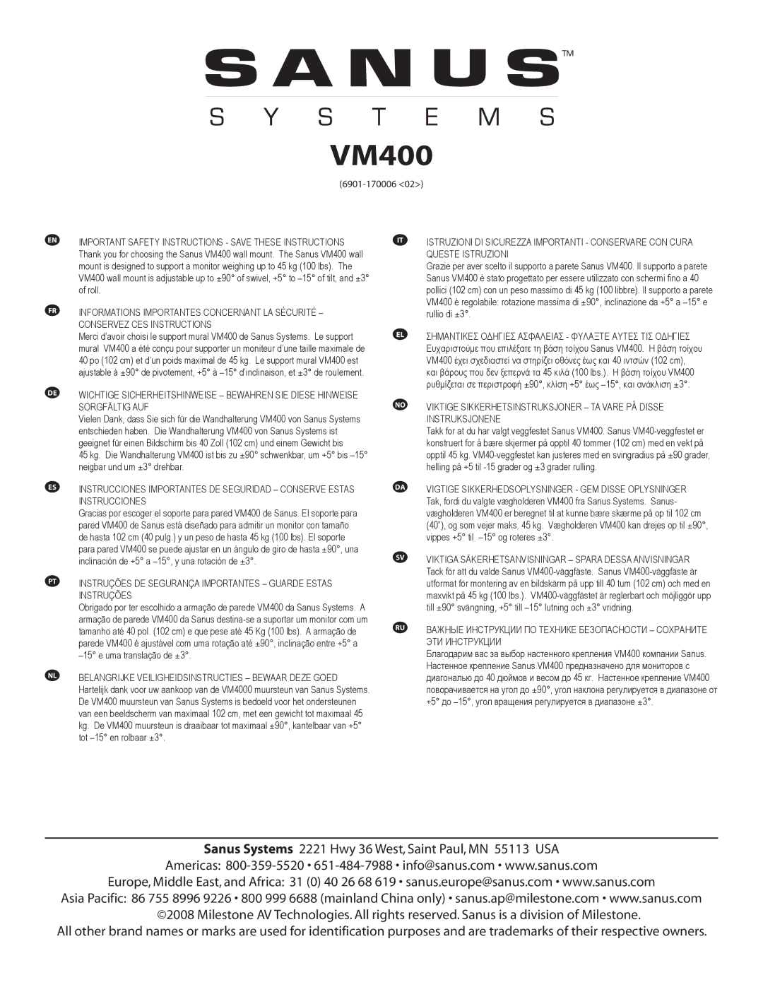 Sanus Systems VM400 important safety instructions 6901-170006, Roll, Neigbar und um ±3 drehbar, Uma translação de ±3 