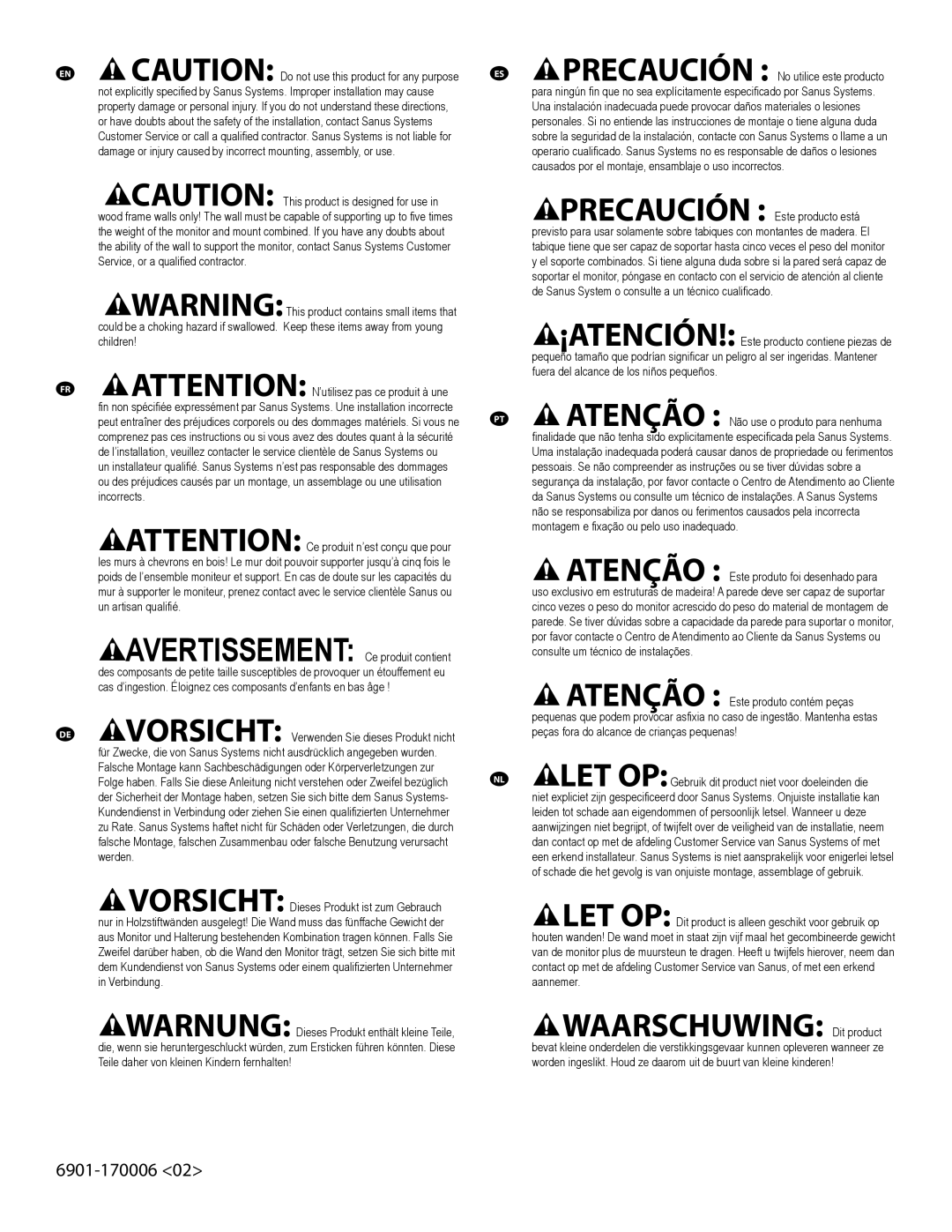 Sanus Systems VM400 important safety instructions Waarschuwing Dit product, Fuera del alcance de los niños pequeños 