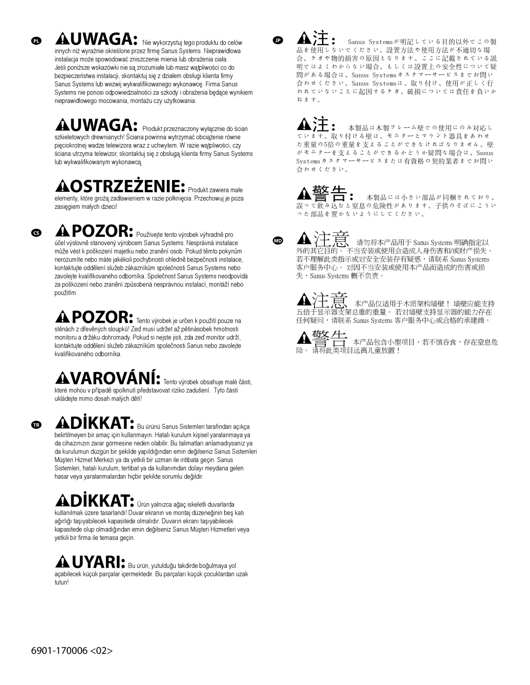 Sanus Systems VM400 important safety instructions 警告 本产品包含小型项目，若不慎吞食，存在窒息危 险。 请将此类项目远离儿童放置！ 