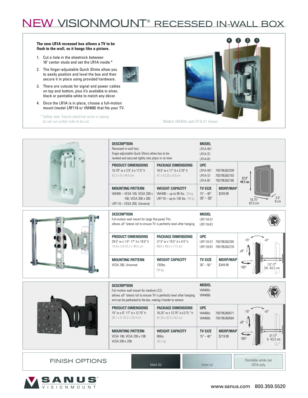 Sanus Systems LR1A-S1, VM400B, VM400S Description Model, Product Dimensions, Upc, Mounting Pattern Weight Capacity TV Size 