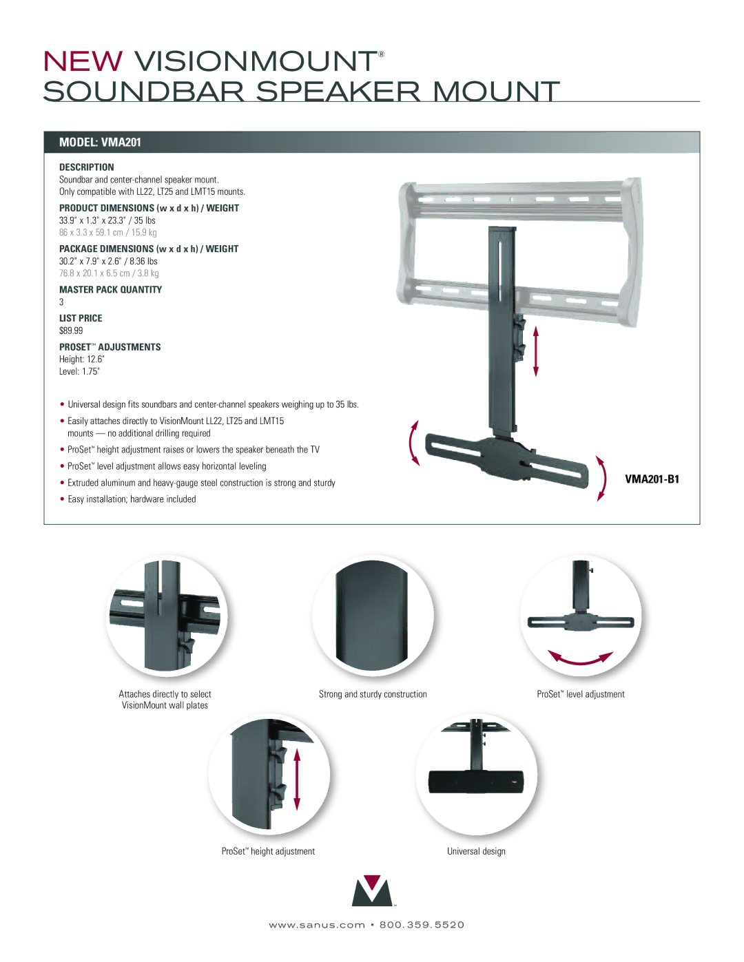 Sanus Systems VMA201-B1 manual Model VMA201, Description, Master Pack Quantity List Price, Proset Adjustments 