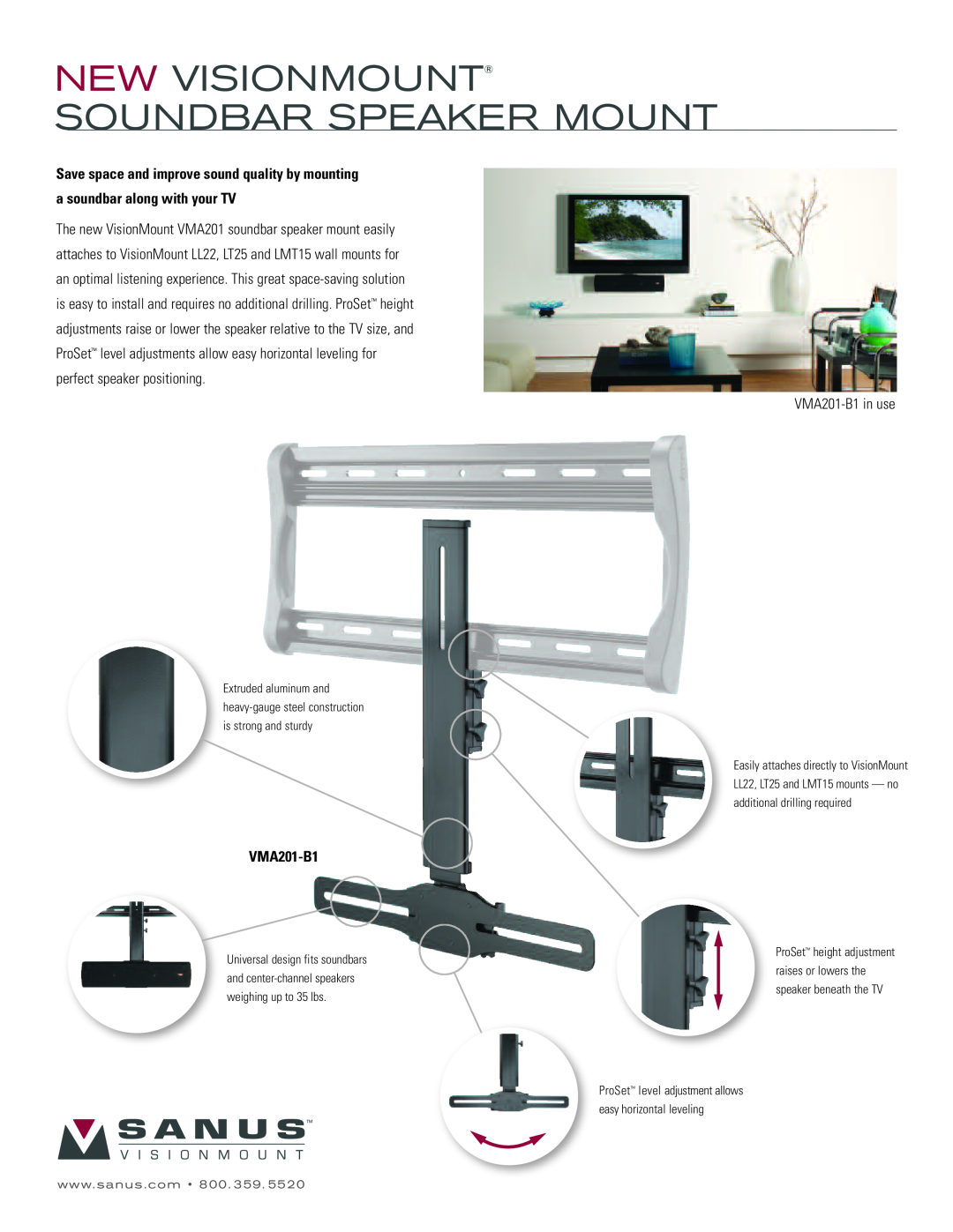 Sanus Systems VMA201-B1 manual New Visionmount Soundbar Speaker Mount, Save space and improve sound quality by mounting 
