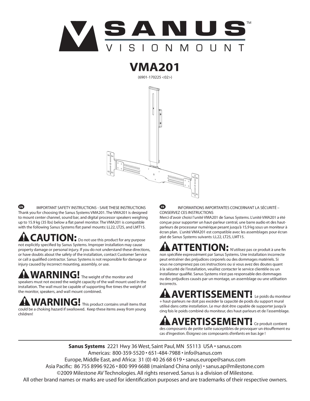 Sanus Systems VMA201 important safety instructions 6901-170225 