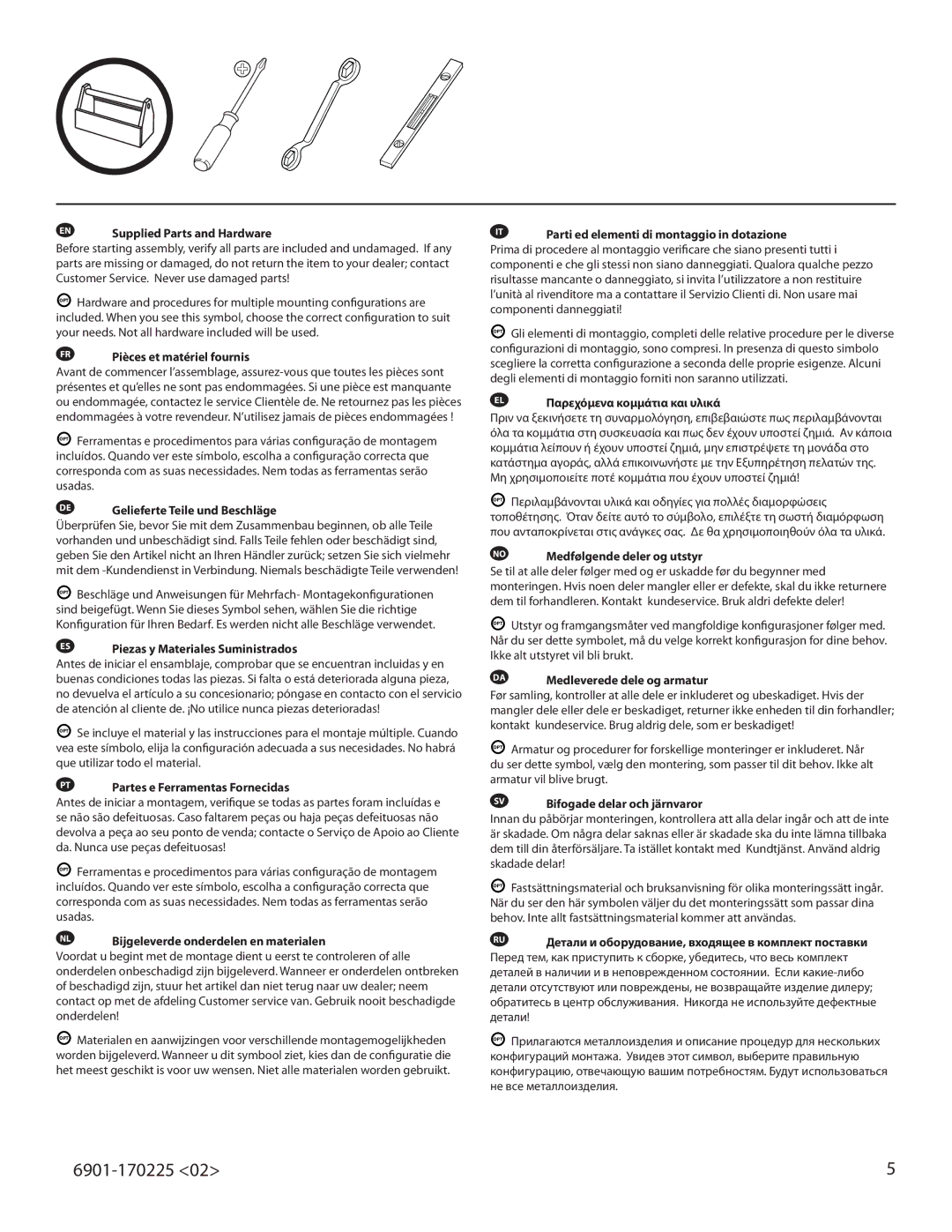 Sanus Systems VMA201 important safety instructions EN Supplied Parts and Hardware 