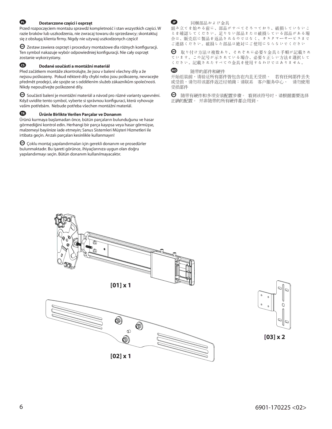 Sanus Systems VMA201 important safety instructions Jp 同梱部品および金具, 随带的部件和硬件 开始组装前，请验证所有部件皆包含在内且无受损。 