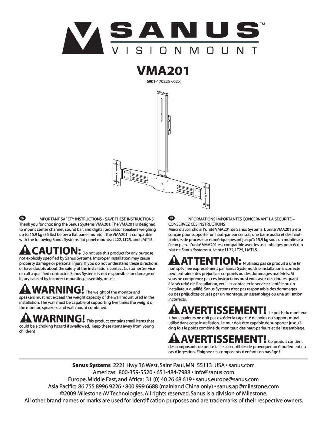 Sanus Systems VMA201 important safety instructions 