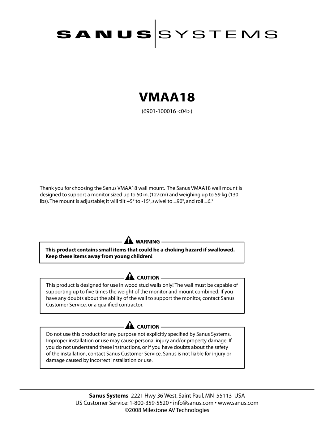 Sanus Systems VMAA18 manual 