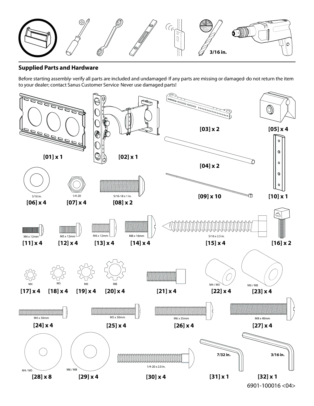 Sanus Systems VMAA18 Supplied Parts and Hardware, 01 x, 11 x, 13 x, 24 x 25 x, 28 x 29 x, 03 x, 04 x 09 x, 15 x, 22 x 