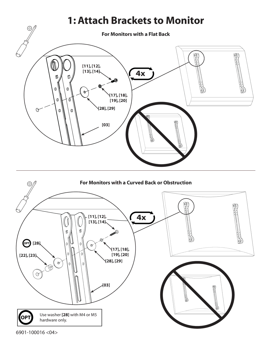 Sanus Systems VMAA18 manual Attach Brackets to Monitor, For Monitors with a Flat Back 