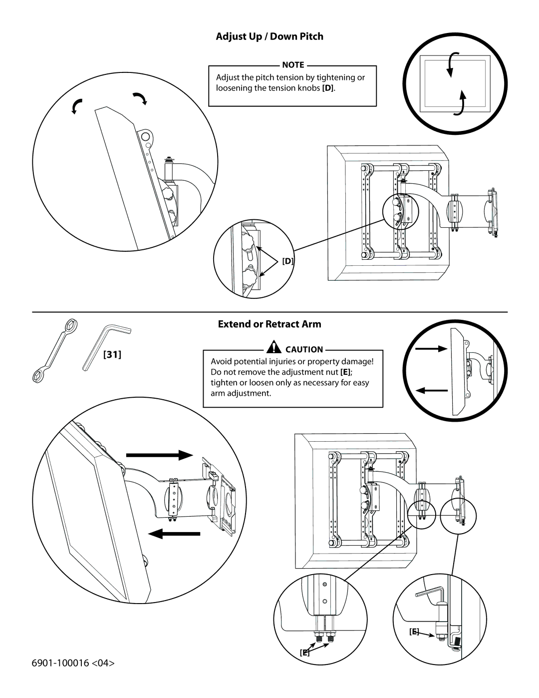 Sanus Systems VMAA18 manual Adjust Up / Down Pitch, Extend or Retract Arm 