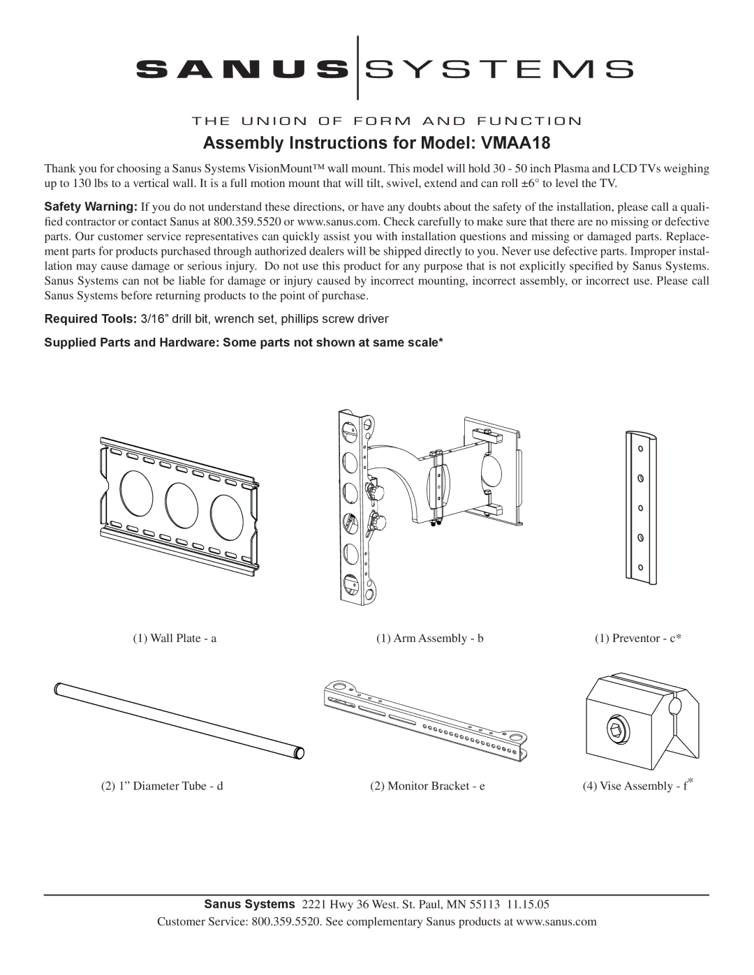 Sanus Systems manual Assembly Instructions for Model VMAA18 