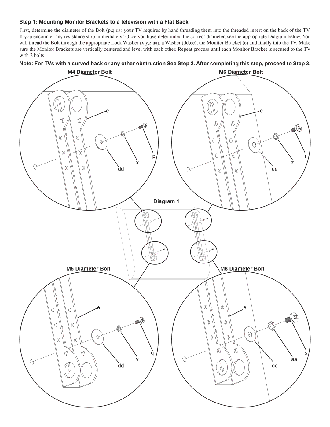 Sanus Systems VMAA18 manual Mounting Monitor Brackets to a television with a Flat Back 