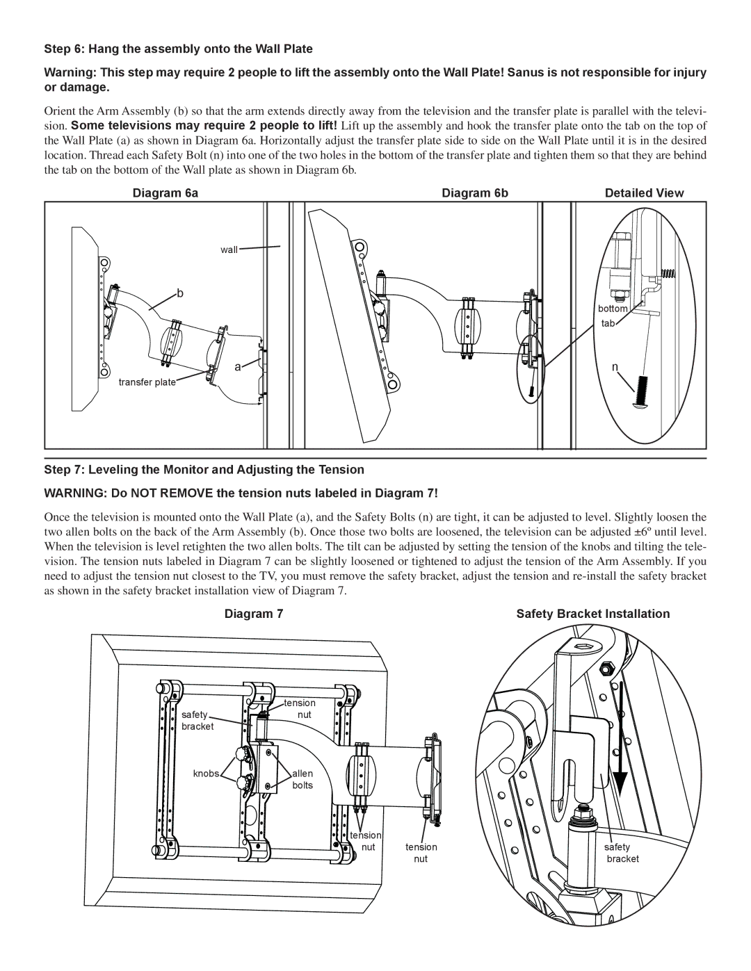 Sanus Systems VMAA18 Hang the assembly onto the Wall Plate, Diagram 6a Diagram 6b, Diagram Safety Bracket Installation 