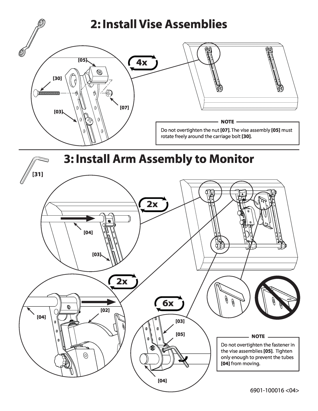 Sanus Systems VMAA18 manual Install Vise Assemblies, Install Arm Assembly to Monitor, 2x, 6901-100016 