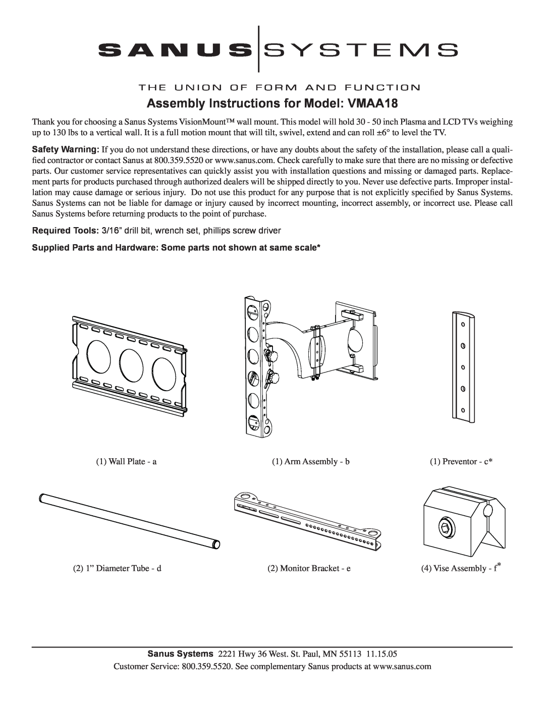 Sanus Systems manual Assembly Instructions for Model VMAA18 