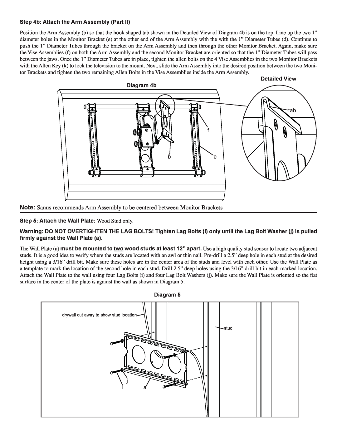 Sanus Systems VMAA18 manual b: Attach the Arm Assembly Part, Detailed View Diagram 4b, tab f be d, j i a 