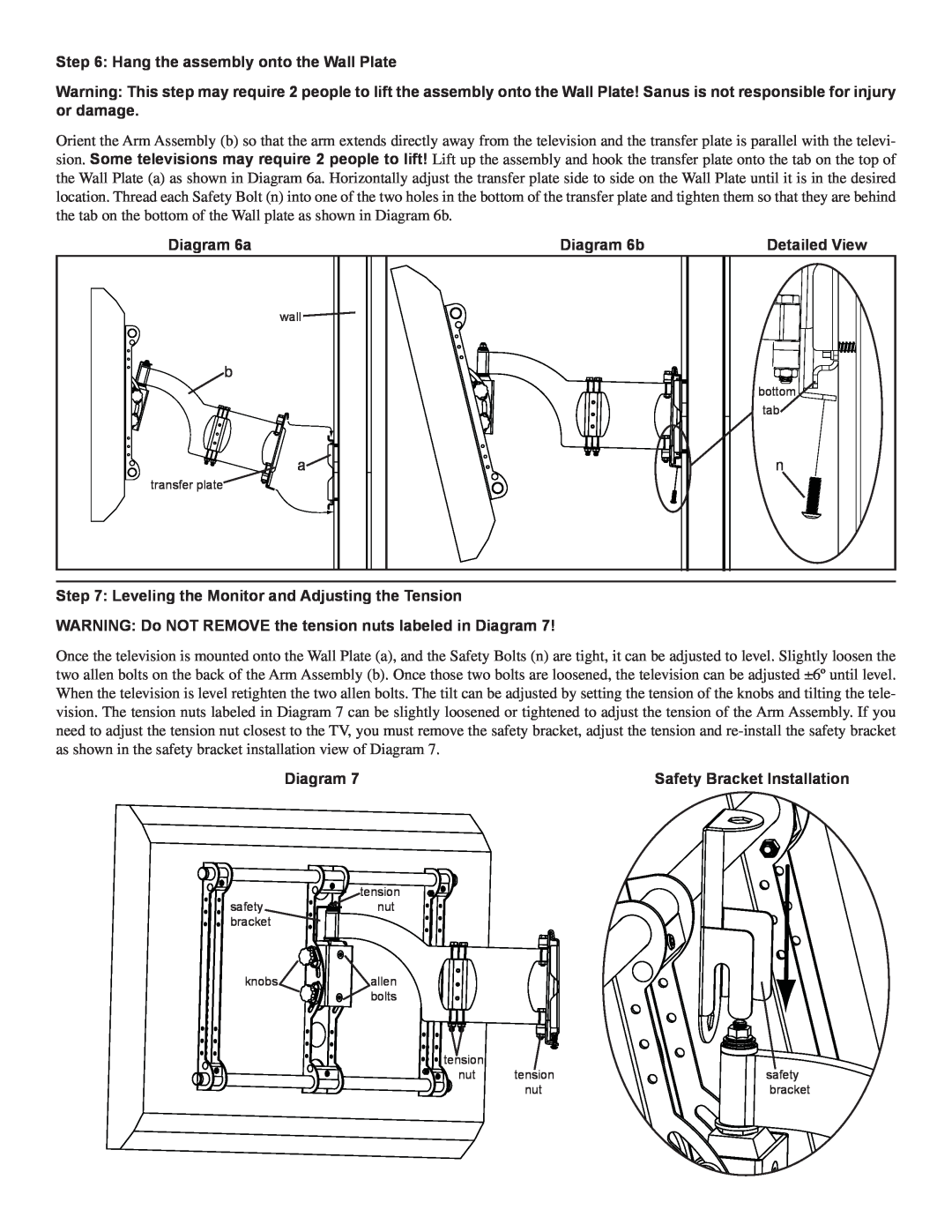 Sanus Systems VMAA18 manual Hang the assembly onto the Wall Plate, Diagram 6a, Diagram 6b, Safety Bracket Installation 