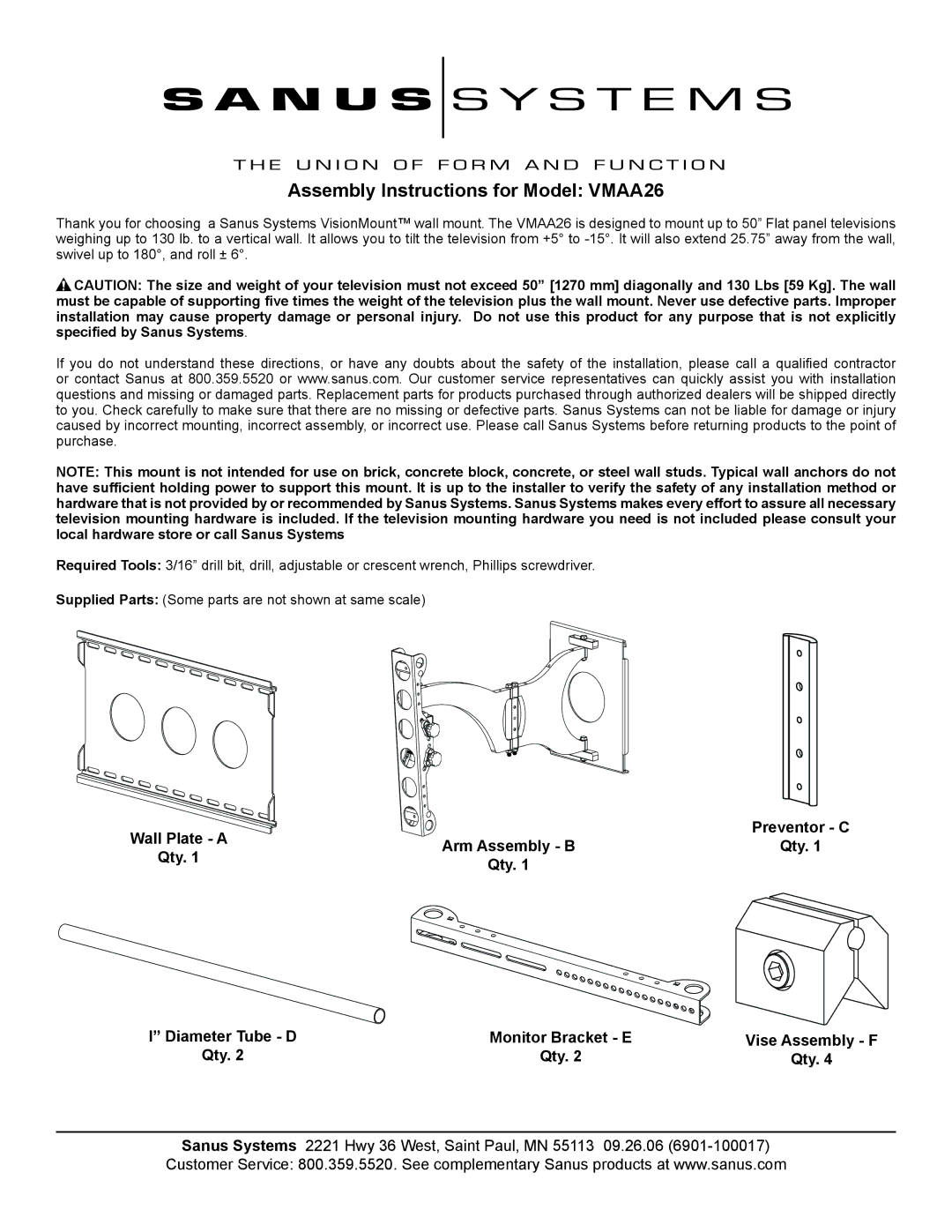 Sanus Systems VMAA26 manual Preventor C, Arm Assembly B Qty, Monitor Bracket E Vise Assembly F Qty 